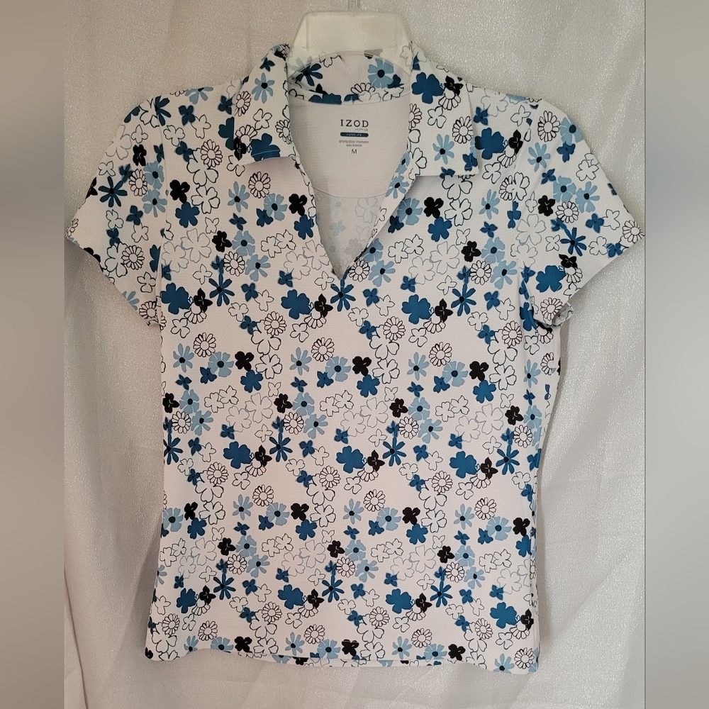 IZOD Womens XFG Cool-FX Floral Shirt Size Medium V-Neck Collared Outdoor
